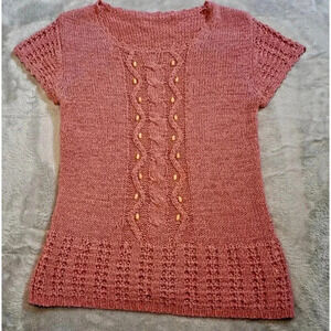 Cottagecore Vintage-Hand Knitted Pink Sweater W Cable, Lace Beading Detail XS